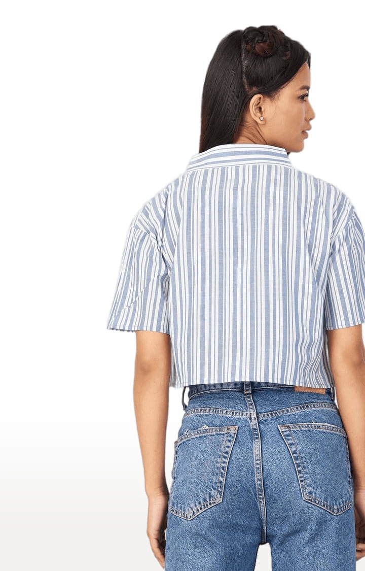 Women's Blue and White Viscose Striped Crop Shirt