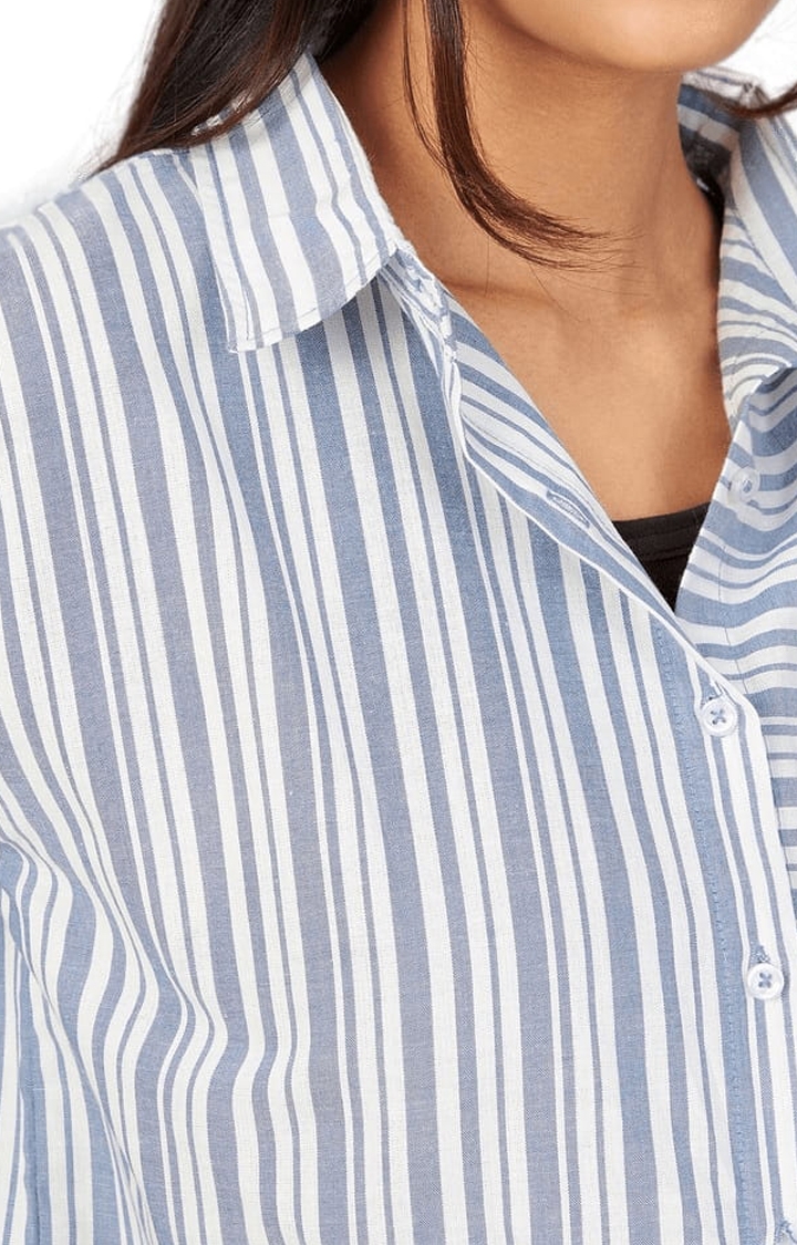 Women's Blue and White Viscose Striped Crop Shirt