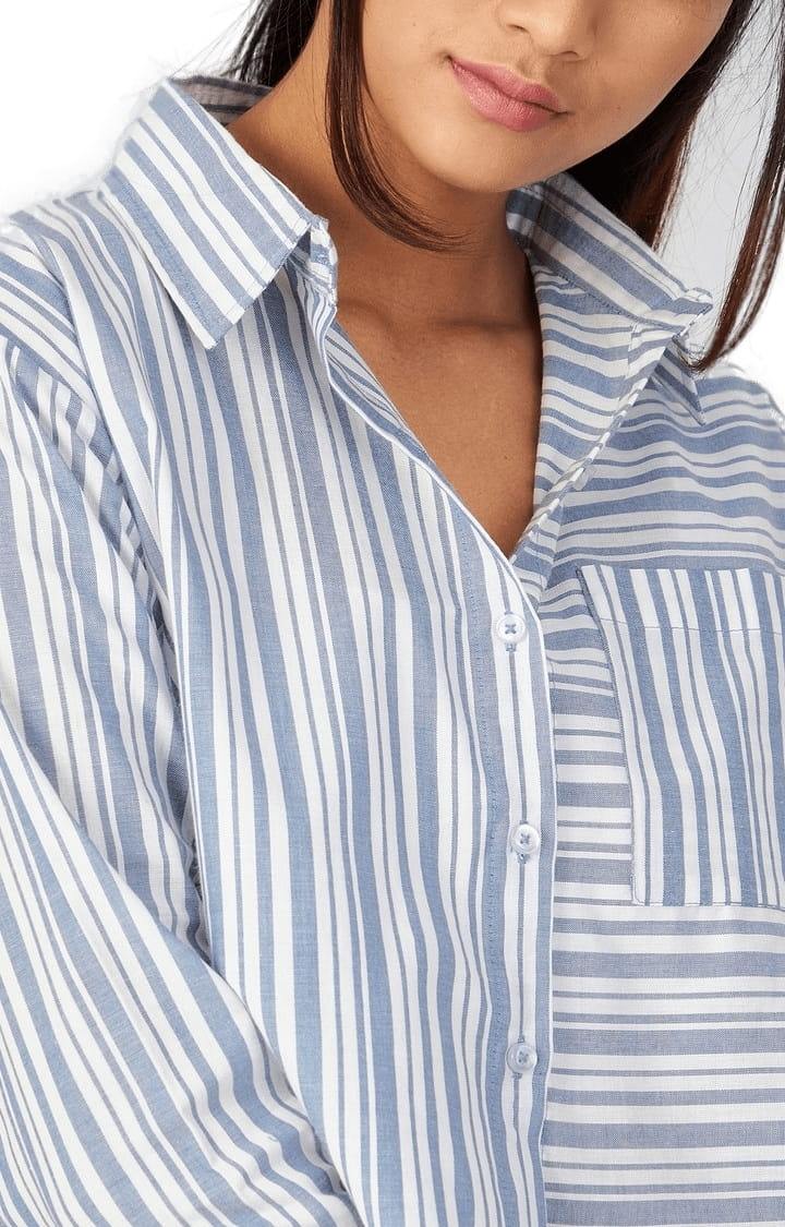 Women's Blue and White Viscose Striped Crop Shirt