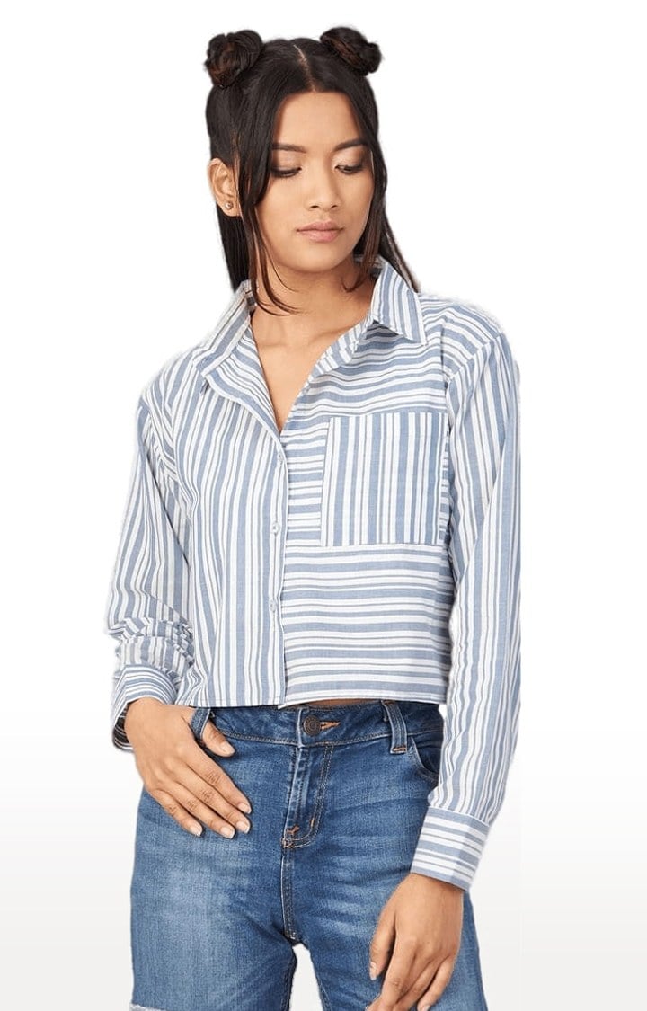 Women's Blue and White Viscose Striped Crop Shirt
