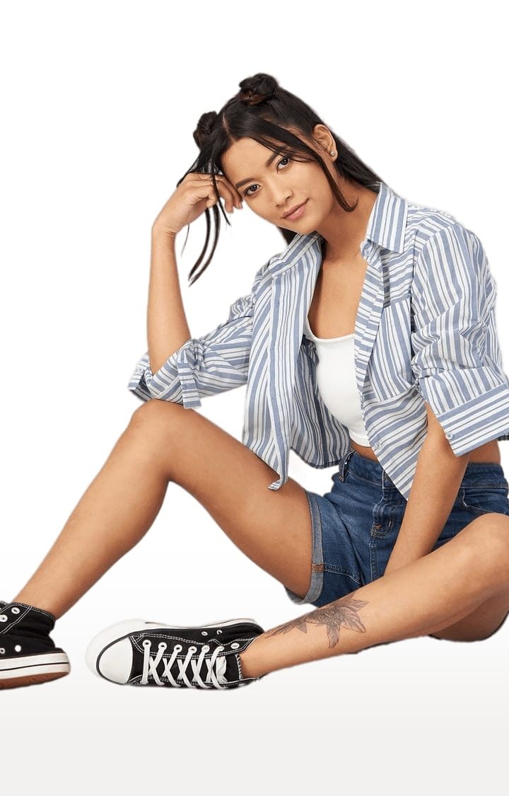 Women's Blue and White Viscose Striped Crop Shirt