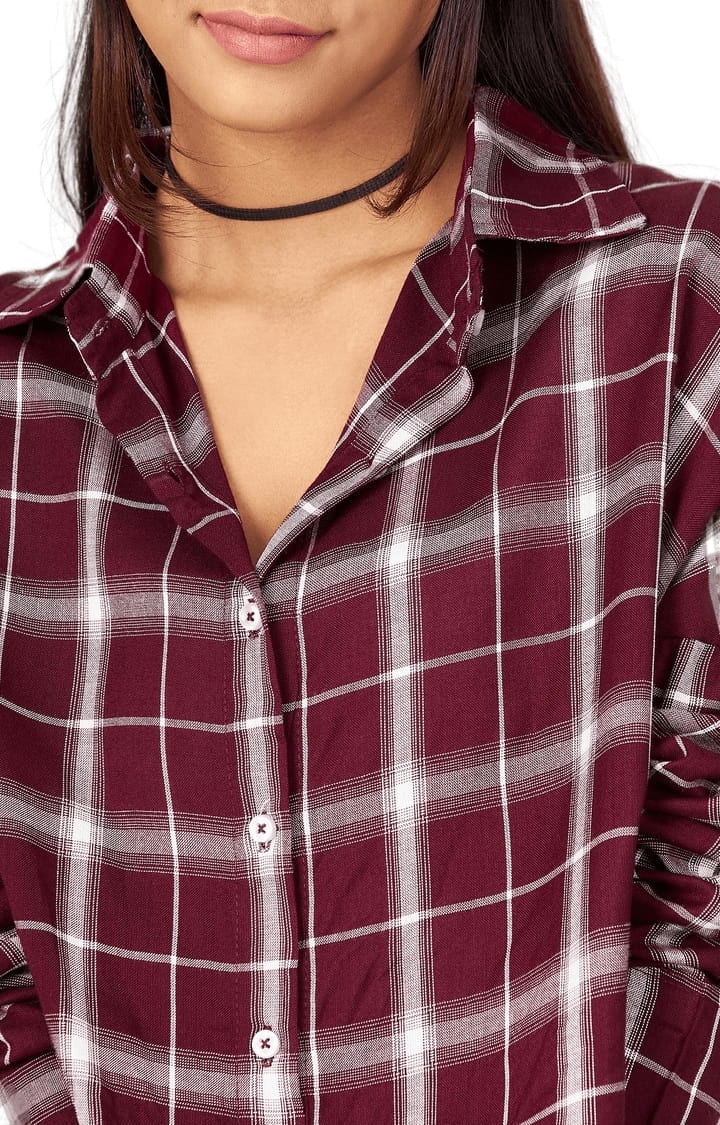 CHIMPAAANZEE | Women's Maroon Viscose Checked Crop Shirt 5