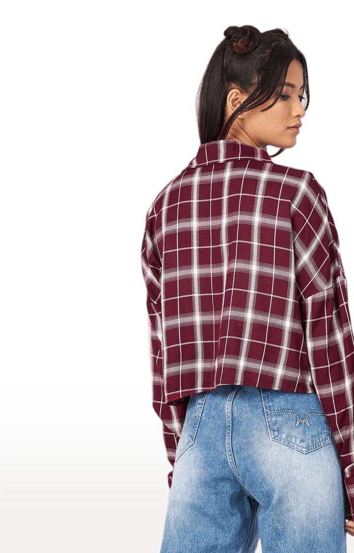 Women's Maroon Viscose Checked Crop Shirt