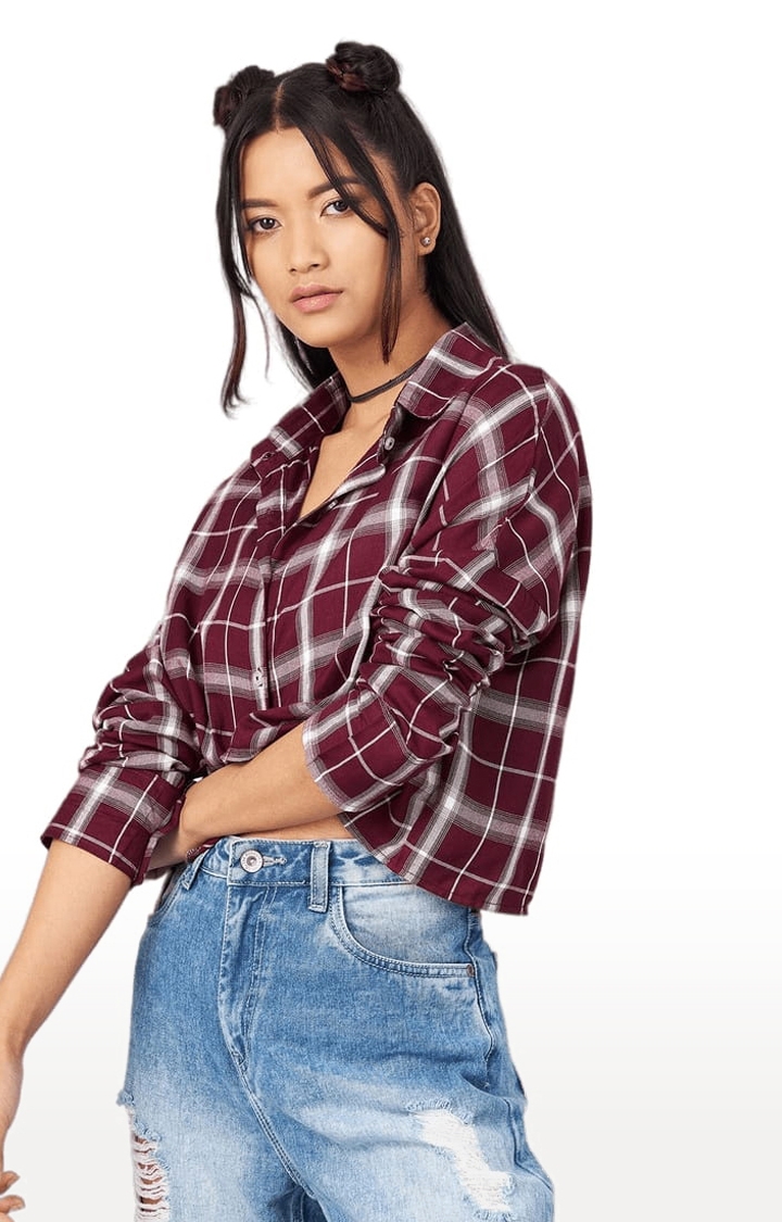 Women's Maroon Viscose Checked Crop Shirt