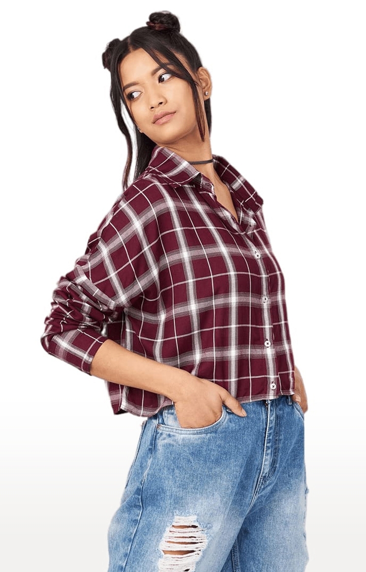 Women's Maroon Viscose Checked Crop Shirt