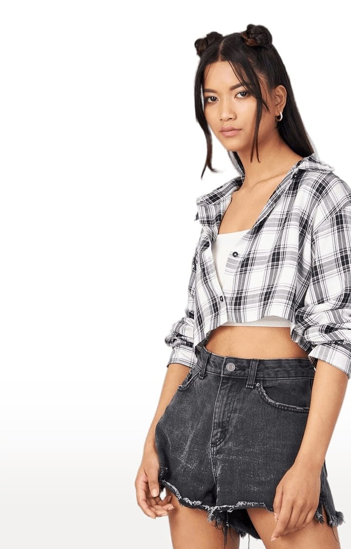 Women's White and Black Viscose Checked Crop Shirt