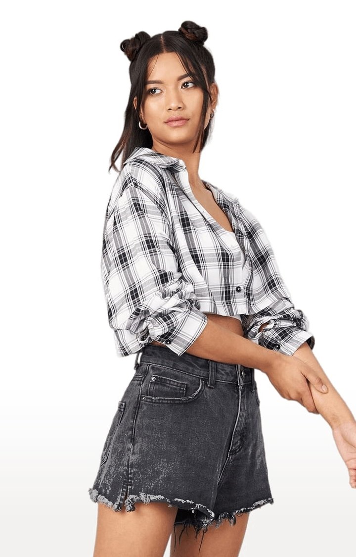 Women's White and Black Viscose Checked Crop Shirt