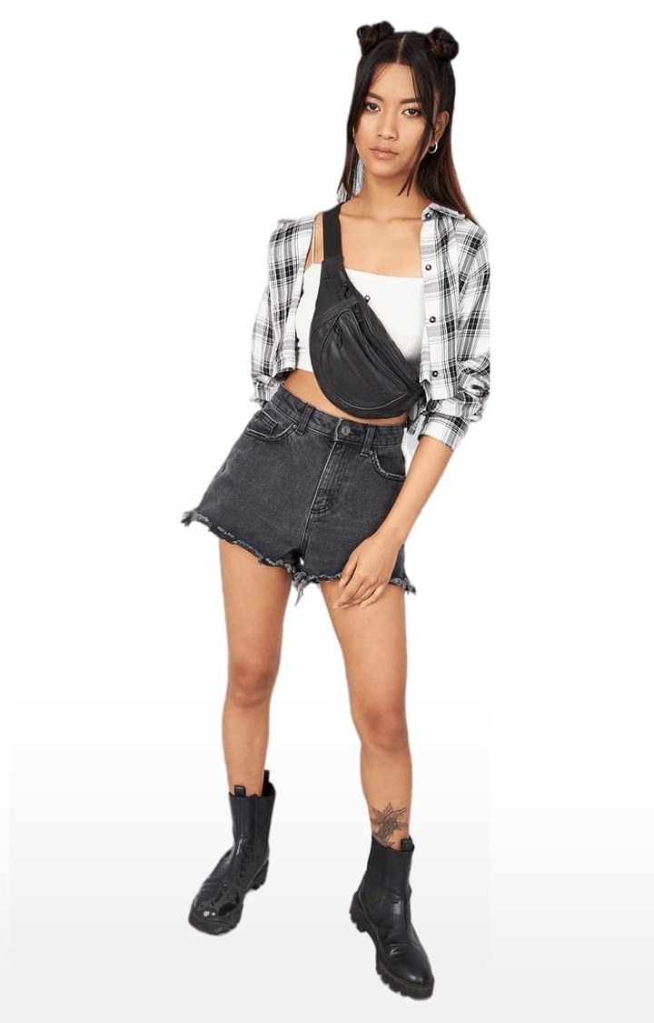 Women's White and Black Viscose Checked Crop Shirt