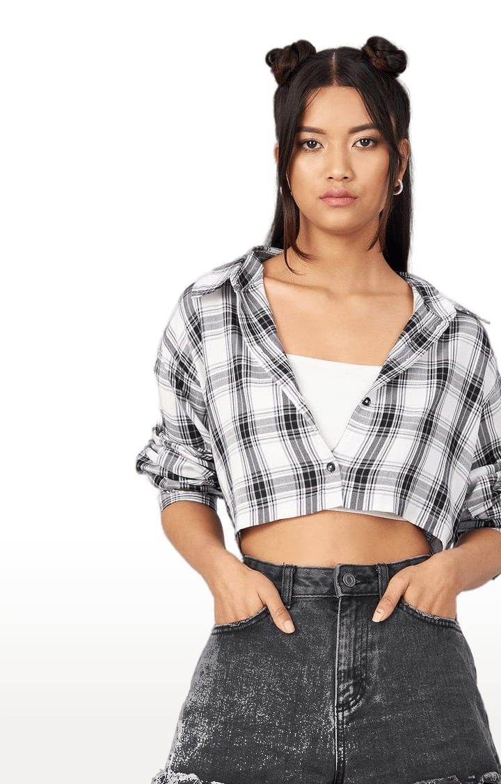 Women's White and Black Viscose Checked Crop Shirt