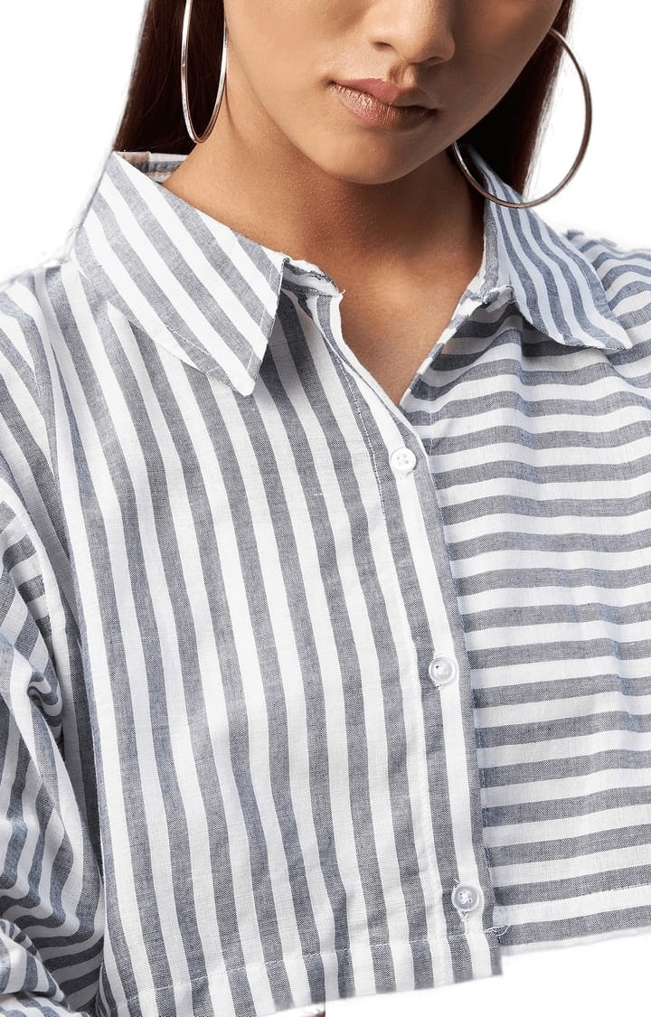 Women's Grey and White Viscose Striped Crop Shirt