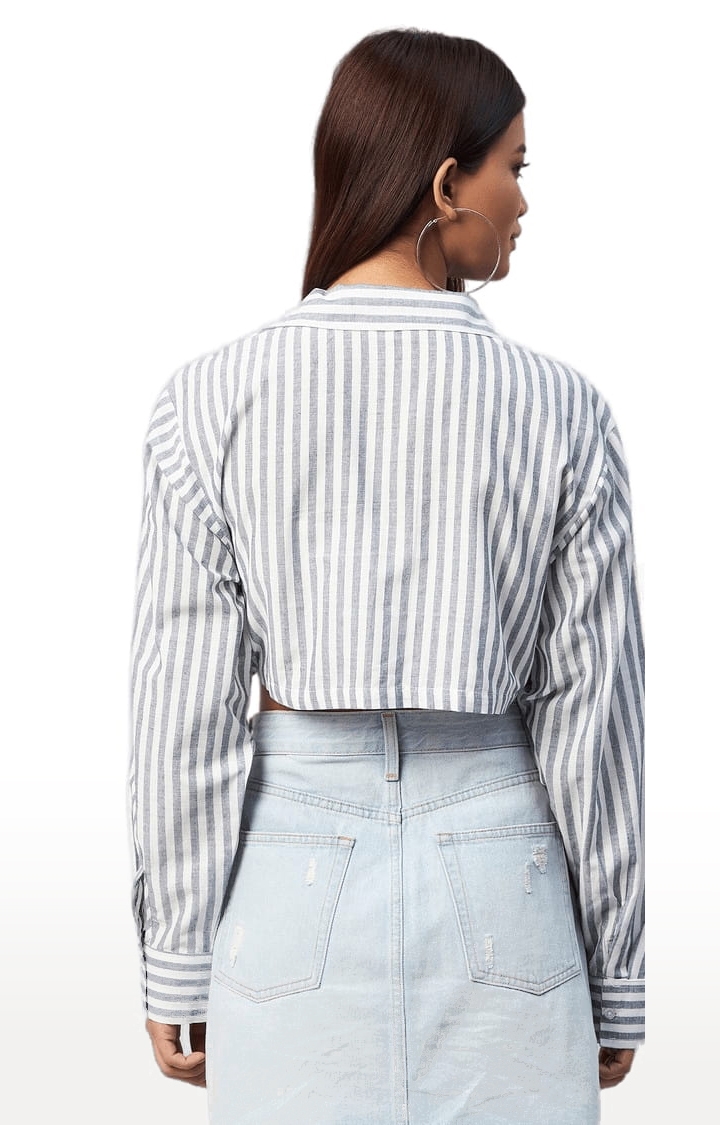 CHIMPAAANZEE | Women's Grey and White Viscose Striped Crop Shirt 4
