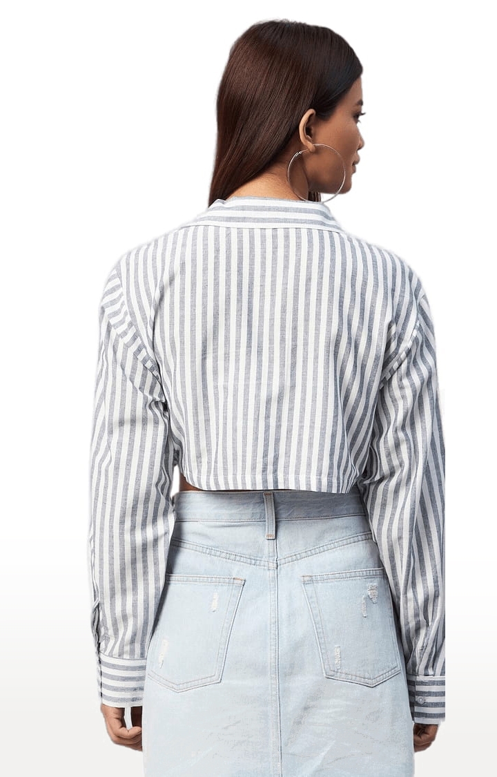 Women's Grey and White Viscose Striped Crop Shirt