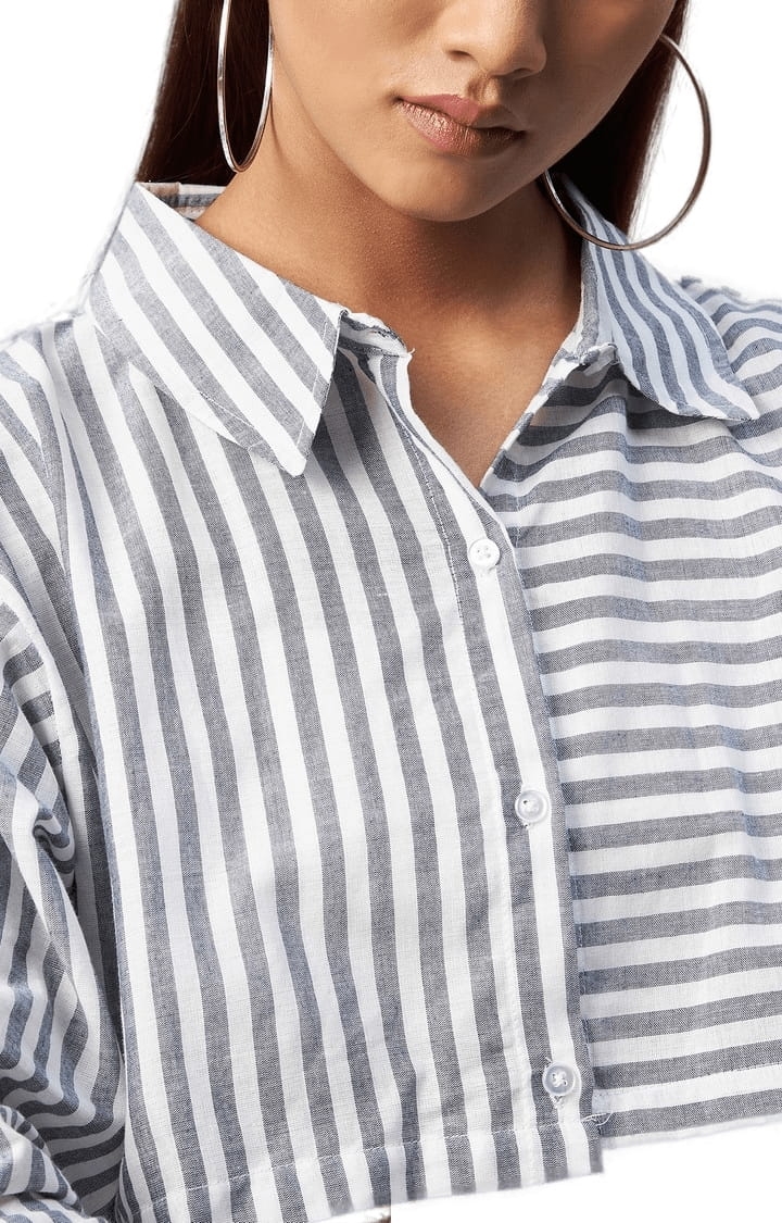 CHIMPAAANZEE | Women's Grey and White Viscose Striped Crop Shirt 5