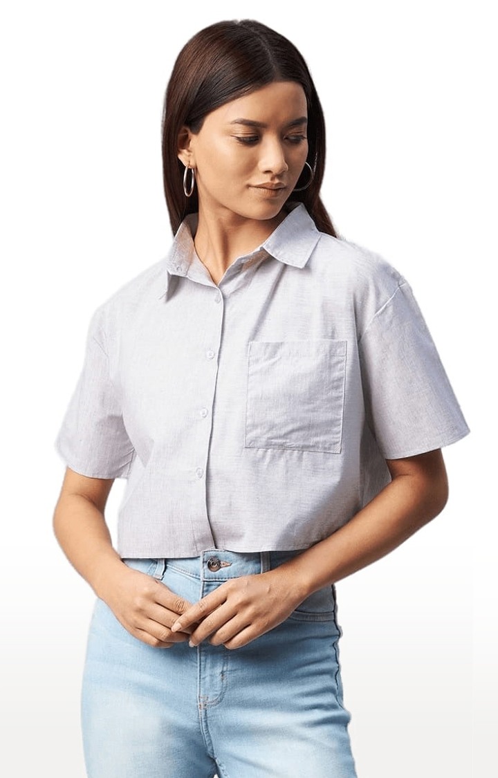 Women's Grey Viscose Solid Crop Shirt