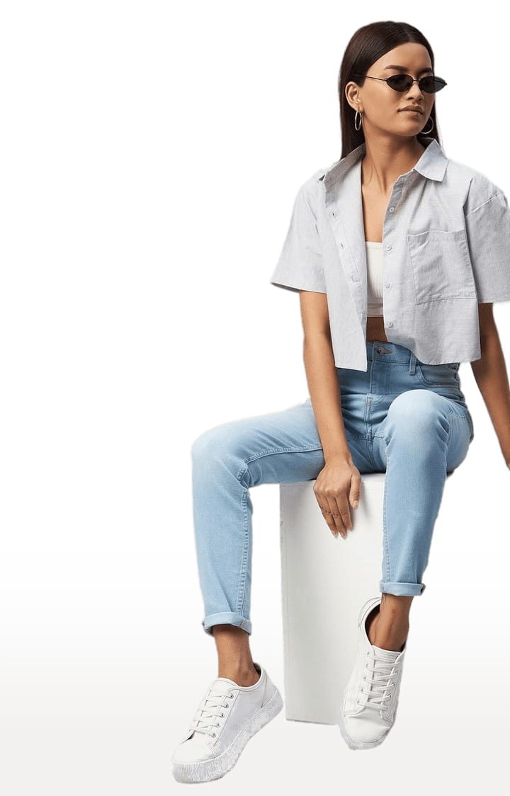 Women's Grey Viscose Solid Crop Shirt