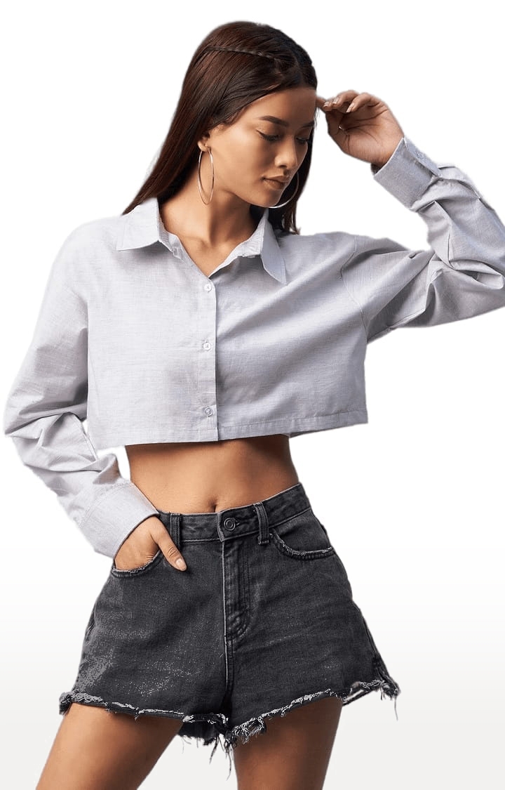 CHIMPAAANZEE | Women's Grey Viscose Solid Crop Shirt 0