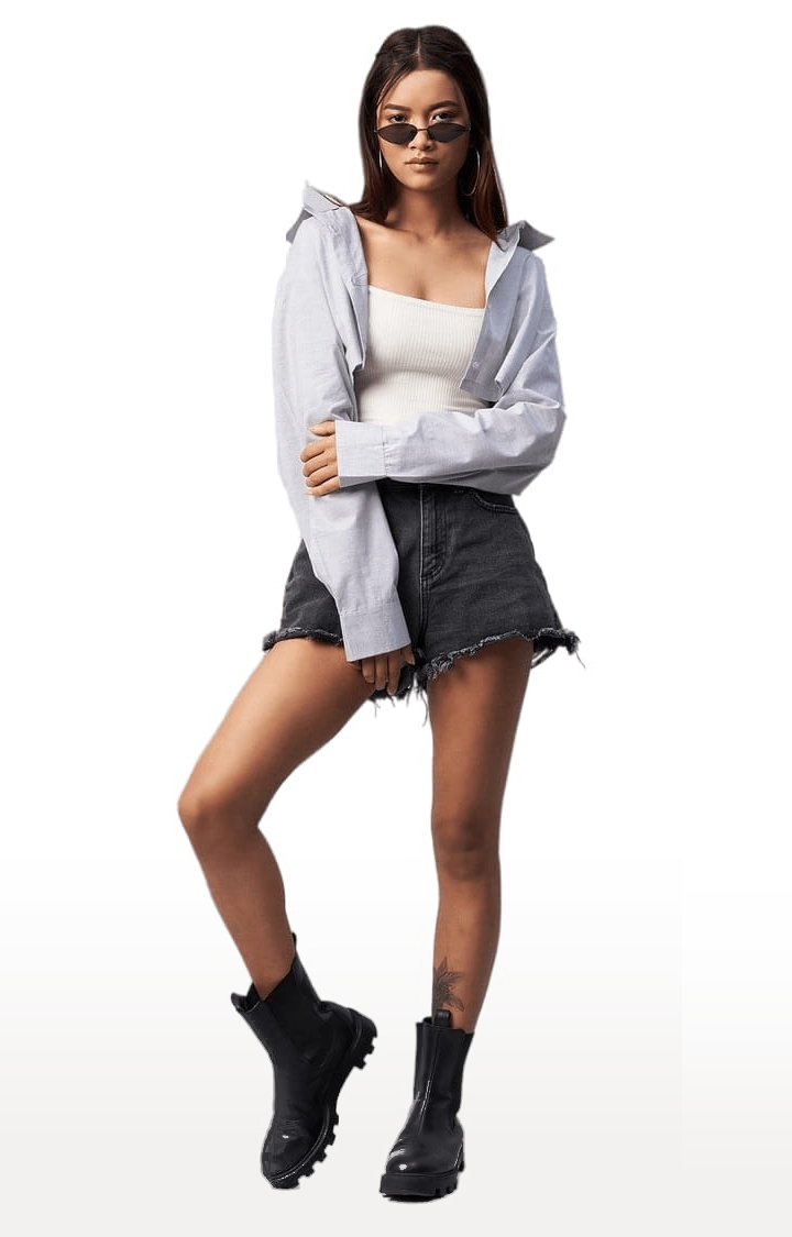 Women's Grey Viscose Solid Crop Shirt