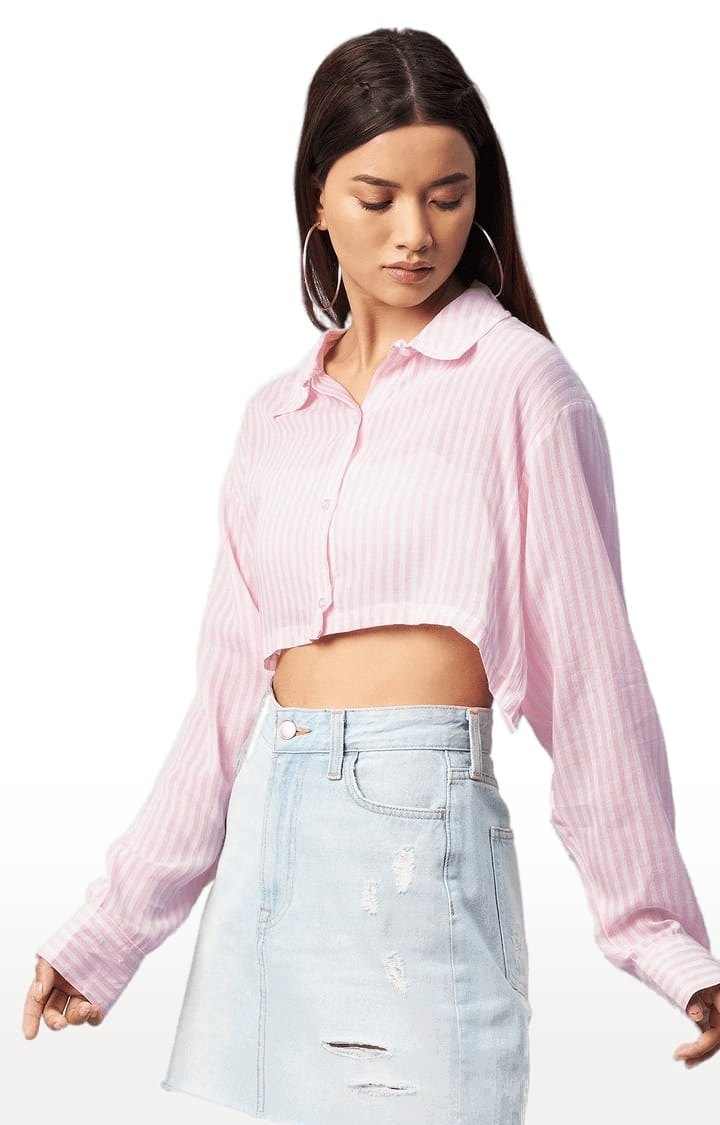 Women's Pink and White Viscose Striped Crop Shirt