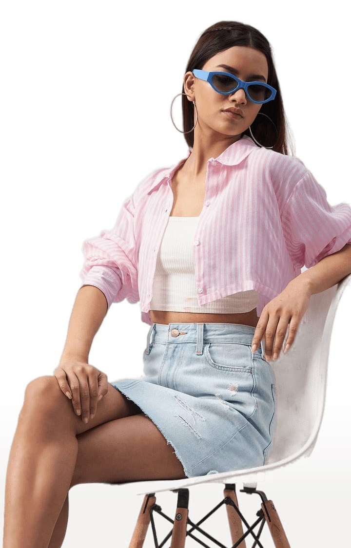 Women's Pink and White Viscose Striped Crop Shirt