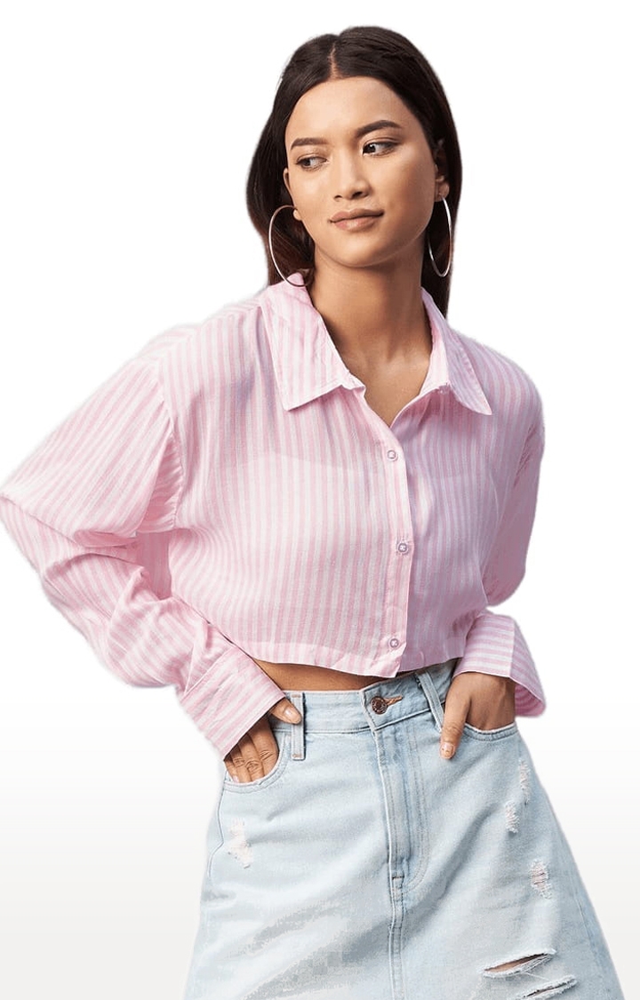 Women's Pink and White Viscose Striped Crop Shirt