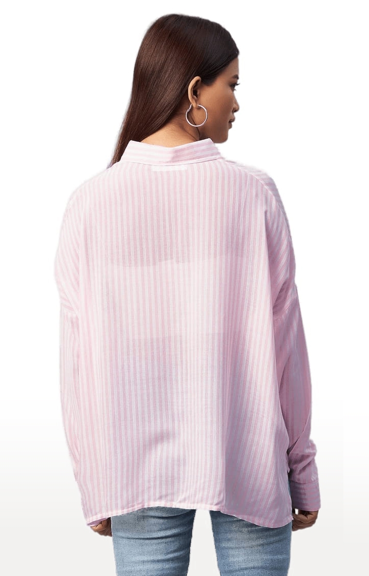 Women's Pink and White Viscose Striped Casual Shirts