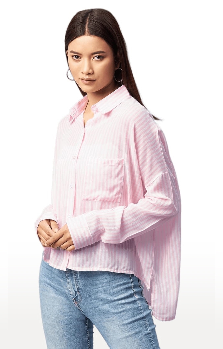Women's Pink and White Viscose Striped Casual Shirts
