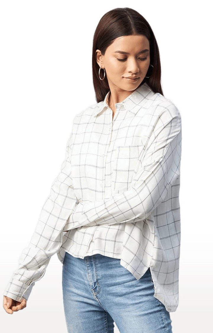 Women's White and Black Viscose Checked Casual Shirts