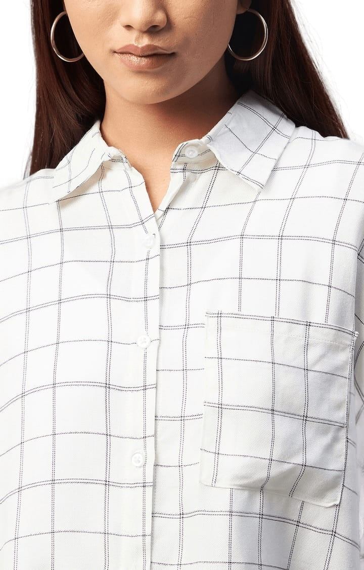 Women's White and Black Viscose Checked Casual Shirts