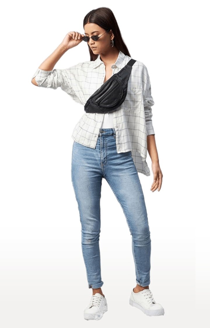 Women's White and Black Viscose Checked Casual Shirts