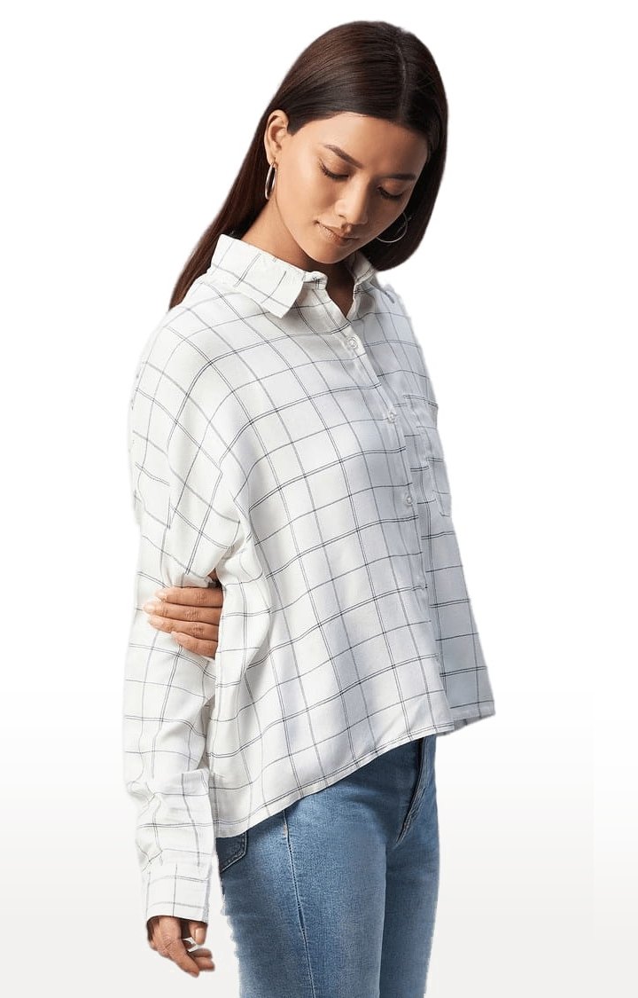 Women's White and Black Viscose Checked Casual Shirts