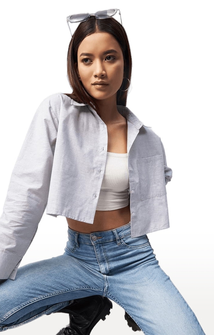 Women's Grey Viscose Solid Crop Shirt