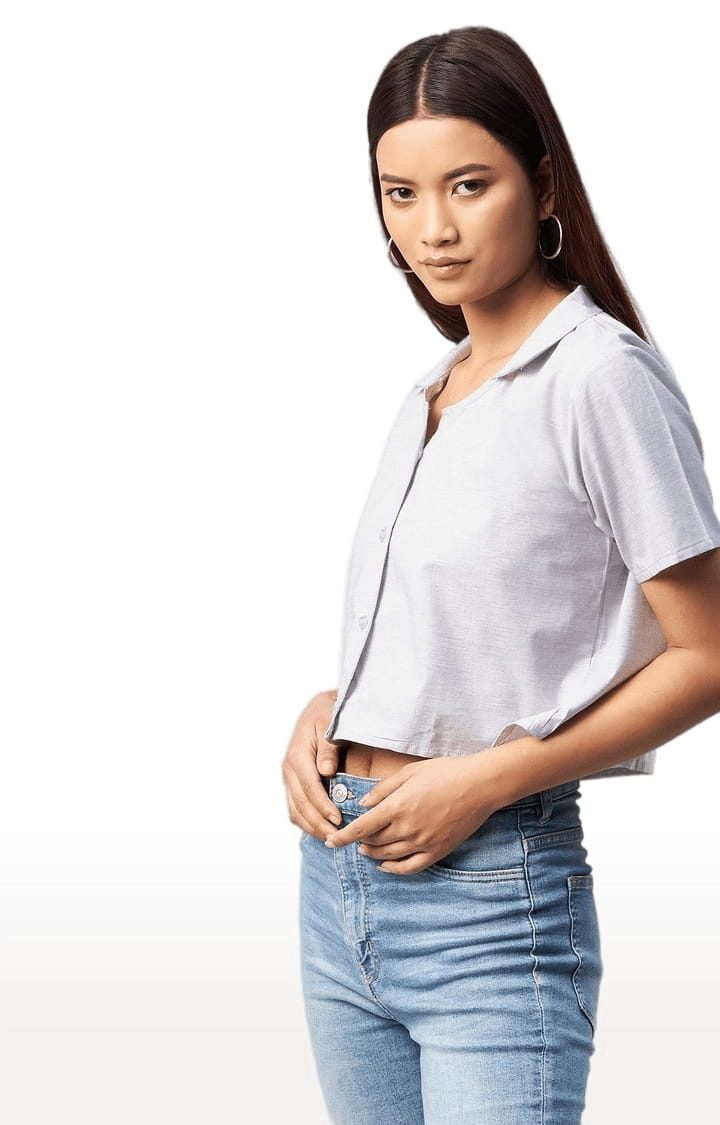 Women's Grey Viscose Solid Crop Shirt