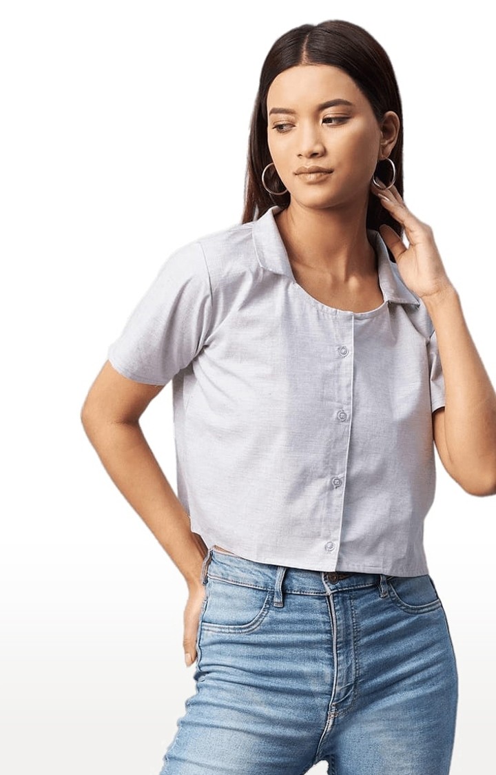 Women's Grey Viscose Solid Crop Shirt