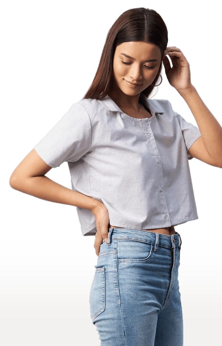 Women's Grey Viscose Solid Crop Shirt