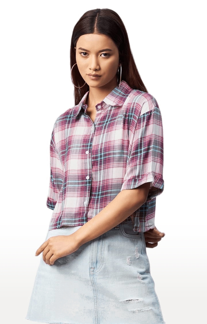 CHIMPAAANZEE | Women's Multicolour Viscose Checked Crop Shirt
