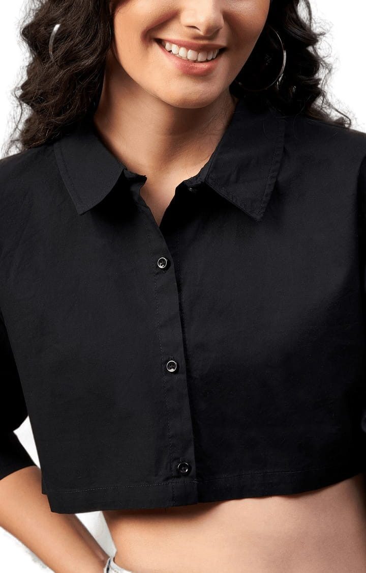 Women's Black Cotton Solid Crop Shirt