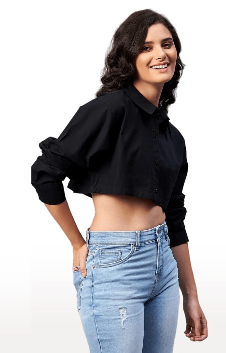 Women's Black Cotton Solid Crop Shirt