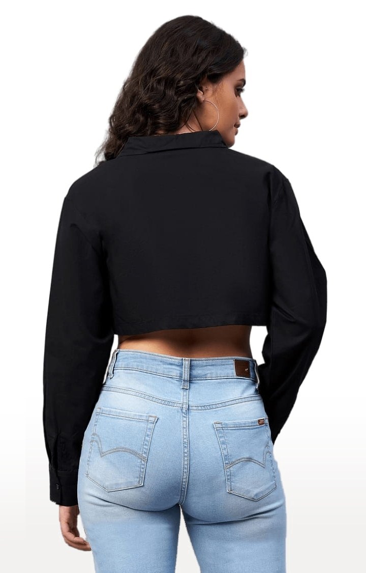 Women's Black Cotton Solid Crop Shirt