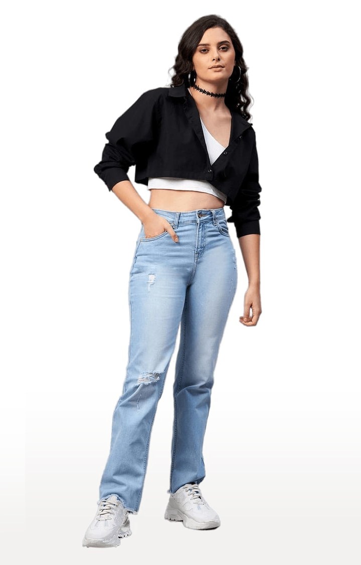 Women's Black Cotton Solid Crop Shirt