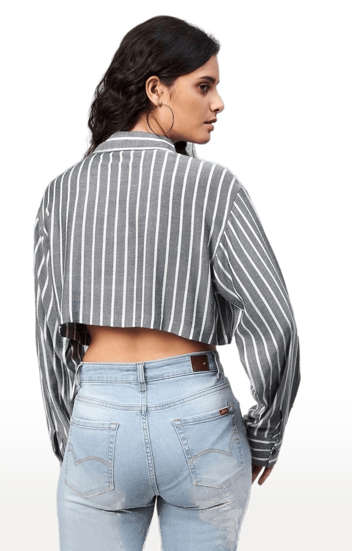 CHIMPAAANZEE | Women's Dark Grey Viscose Striped Crop Shirt 3