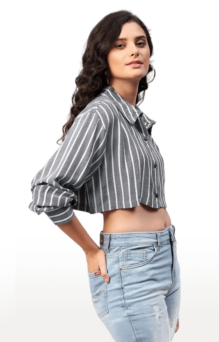 CHIMPAAANZEE | Women's Dark Grey Viscose Striped Crop Shirt 2