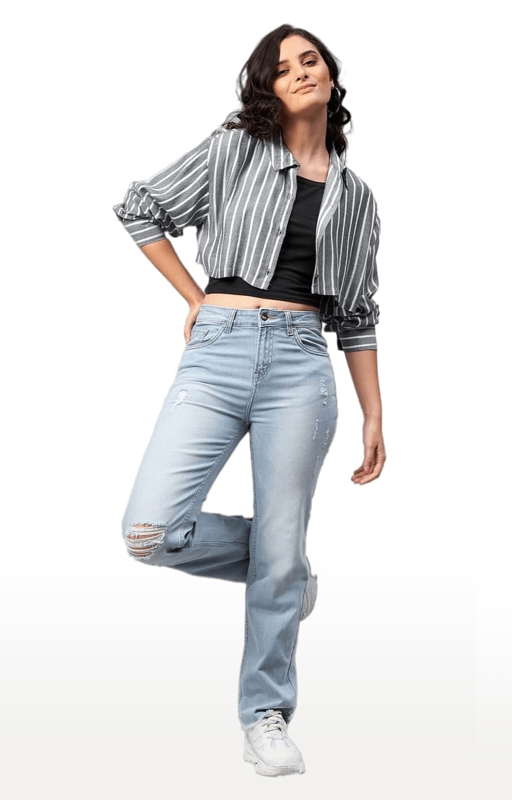 CHIMPAAANZEE | Women's Dark Grey Viscose Striped Crop Shirt 1
