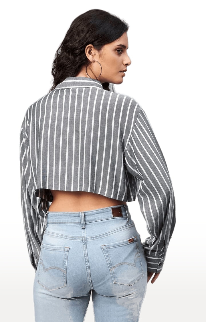 Women's Dark Grey Viscose Striped Crop Shirt