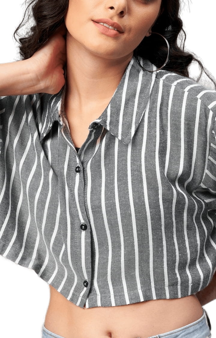 CHIMPAAANZEE | Women's Dark Grey Viscose Striped Crop Shirt 4
