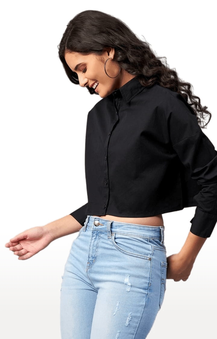 Women's Black Cotton Solid Crop Shirt