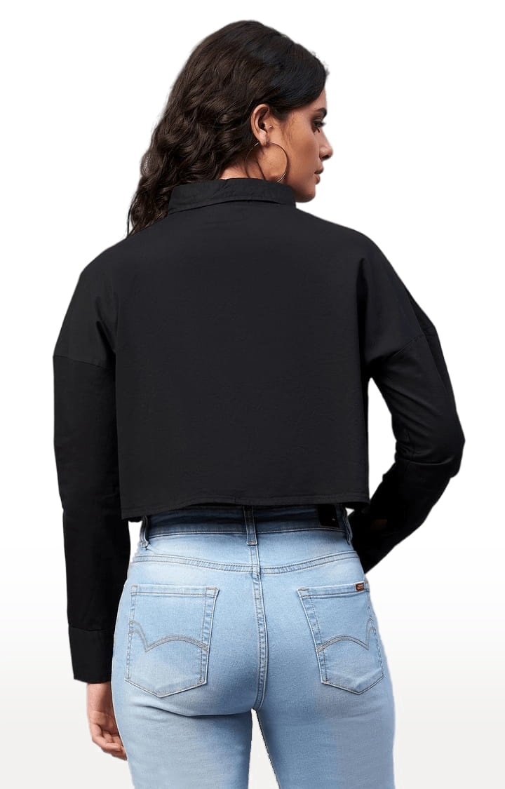 Women's Black Cotton Solid Crop Shirt