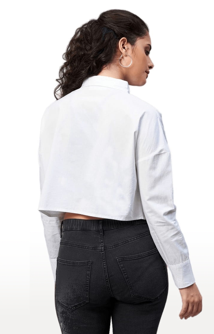 Women's White Cotton Solid Crop Shirt