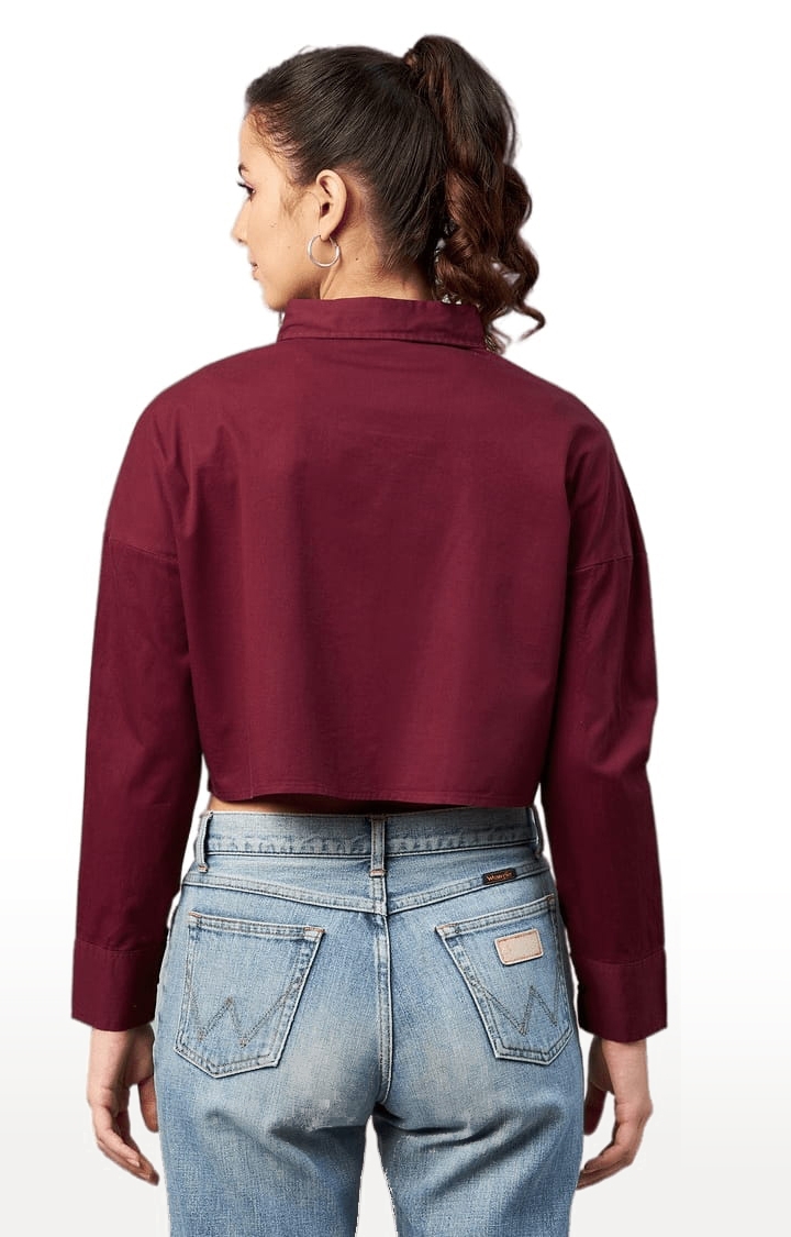 CHIMPAAANZEE | Women's Maroon Cotton Solid Crop Shirt 4