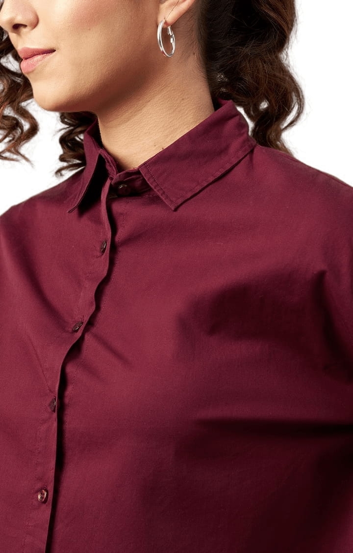 CHIMPAAANZEE | Women's Maroon Cotton Solid Crop Shirt 5