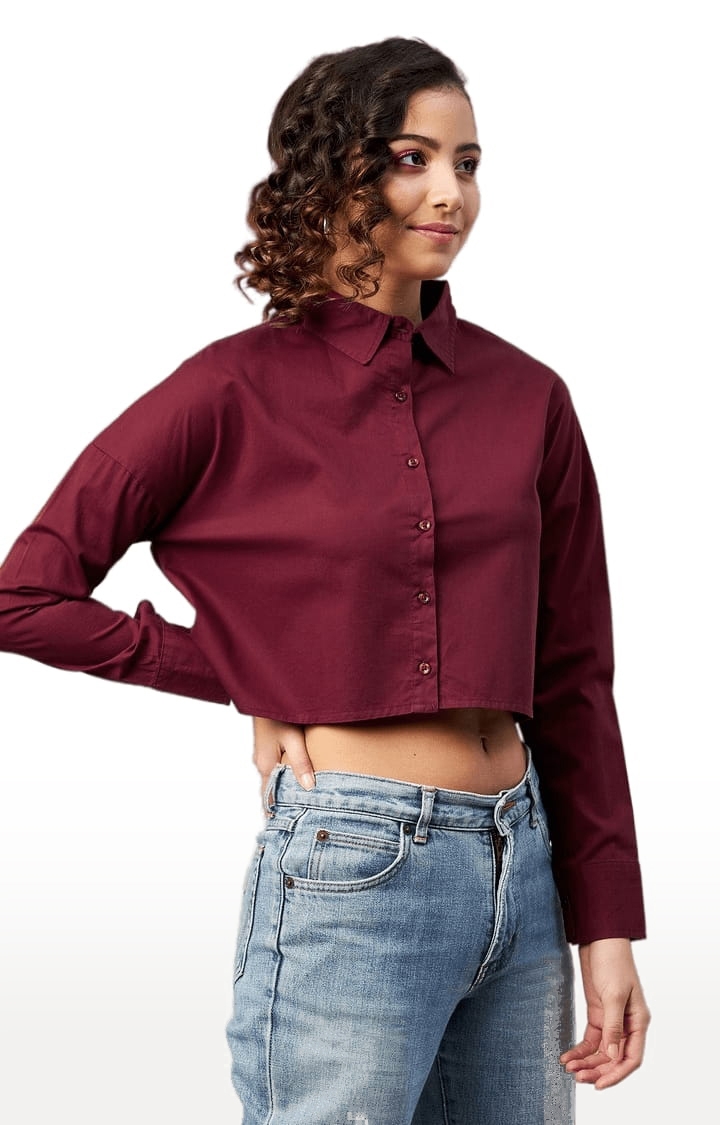 Women's Maroon Cotton Solid Crop Shirt